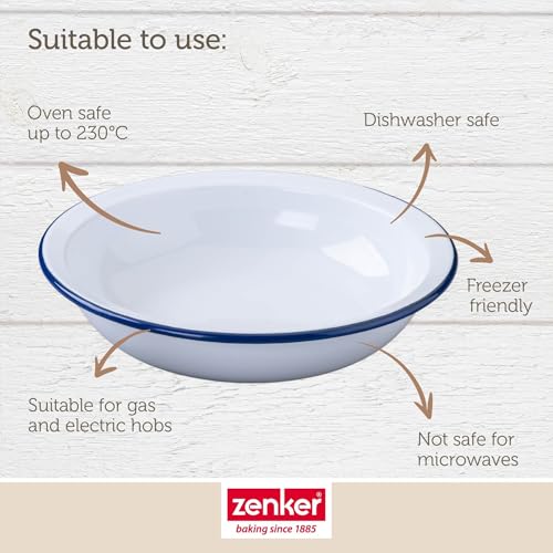 Zenker Enamel Round Pie Dish, Vintage Design, Suitable for Oven and Stove, Dishwasher Safe, Oven Tray, Enamel Cookware, Traditional Pie Tin, 25x25x5cm Colour, White and Blue - Image 3