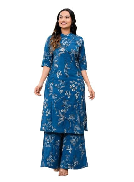 Women Kurta Pant Set | Yellow Floral Print Calf Length Round Neck, Elbow Sleeves | Coord Set, Cotton Fabric, Regular-image-46