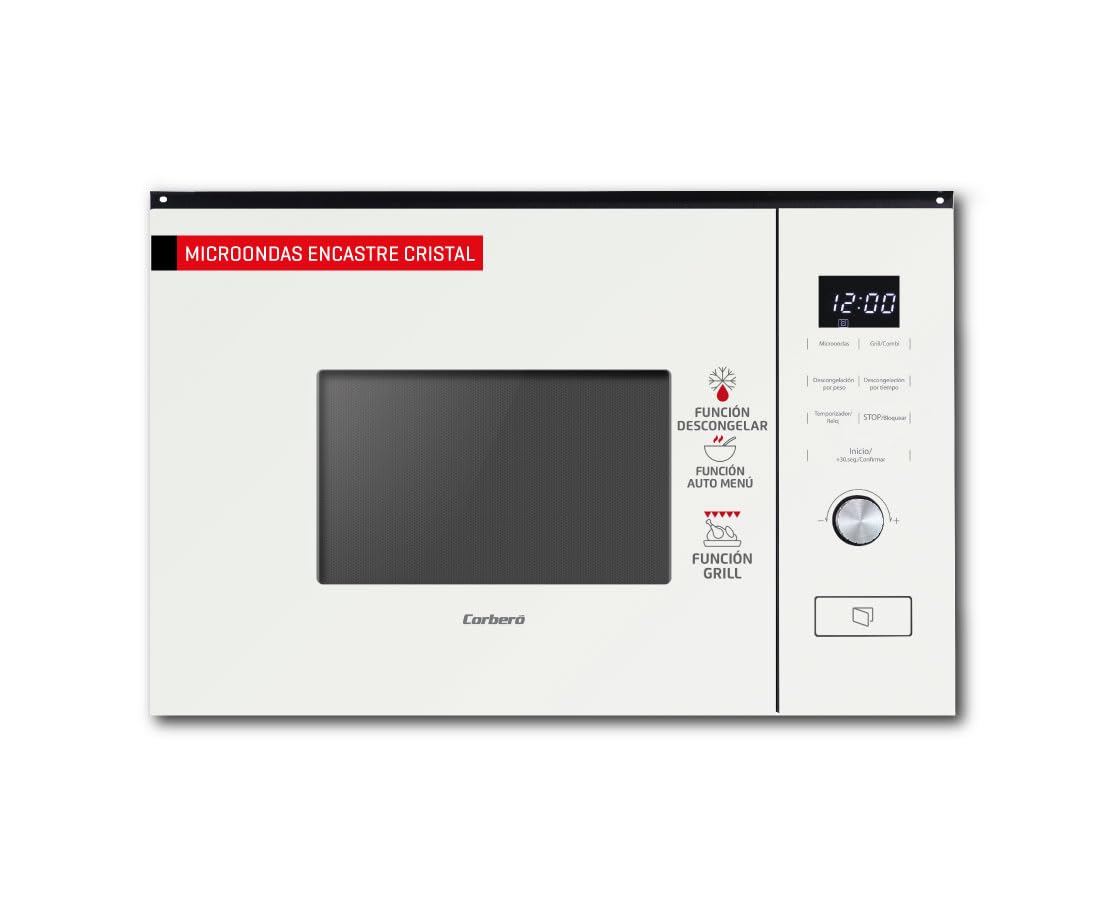 Corberó - Microondas Integrable | CMICM20GLWINTEG | 20L | Potencia 800W | Control Touch | 5 Niveles Potencia | Temporizador 95 min | Grill | Plato Giratorio 255mm | Blanco