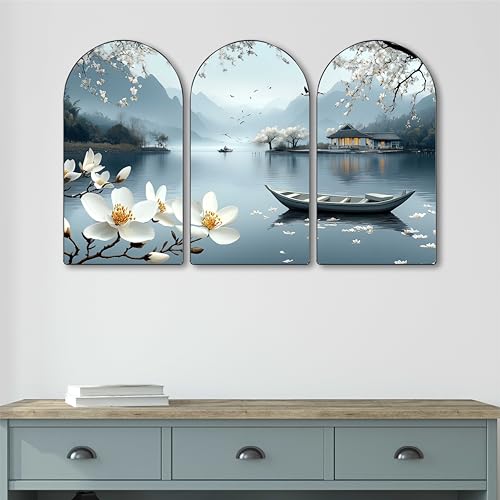 Image of Livin'luxe Serene Lake View Wall Painting | Set of 3 MDF Panel Lotus Flower & Boat Artwork | Scenic Landscape Wall Art for Living Room, Bedroom, Hallway & Office Decor (20 x 30 Inch) RPNS-23