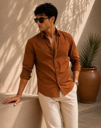 Image of Zilcon Men's Solid Coffee Brown Casual Cotton Blend Shirt