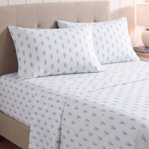 Image of Nautica - Sheet Set, Breathable & Cooling Microfiber Bedding with Matching Pillowcase, Deep Pocket, Fully Elasticized (Nantucket Lobster Ocean Breeze Blue, Twin XL)