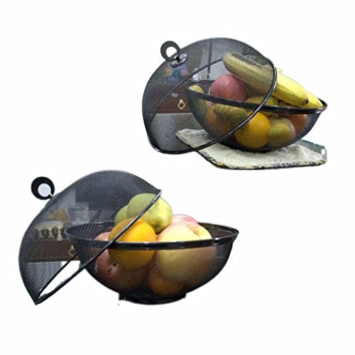 Fruit Basket With Lid - Decorative Fruit Bowl Metal Wire Basket Covered Fruit Bowl Strainer For Fruits Vegetables Fruit Display Stand Keeps Flies Out ( 2 Fruit Baskets+2 Lids; 4 Pieces Total ) (black)