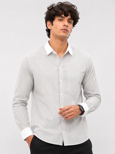 Image of Men's Striped Casual Shirt | White Collar & White Cuff Design | Full Sleeve Cotton Blend Shirt for Men | Slim Fit Stylish Casual Wear