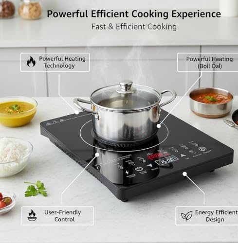 Image of Exxelo 10 Year Warranty Induction Cooktop 2000 Watts Electric Stove with Smart Touch Panel, Timer Function, Multiple Cooking Modes, Portable Kitchen Appliance, Energy Saving Induction Cooker