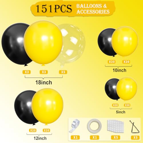MOXMAY Black and Yellow Balloon Arch Kit, 151Pcs Yellow Black Bobo Balloons Garland 18 12 10 5 inch for Baby Shower Birthday Bee Bumblebee Themed Party Decoration by MOXMAY - Used condition - Image 2