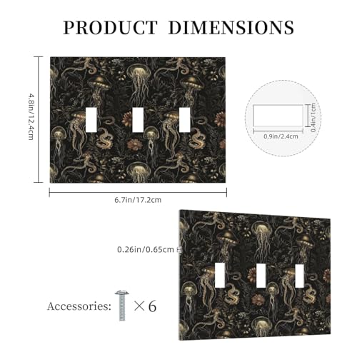Decorative Switch Plate Covers Black Gold Jellyfish Squid Deep Sea Creatures 3 Gang Light Switch Cover Plate Triple Toggle Wall Plate Light Switch Covers for Bedroom Home Decor