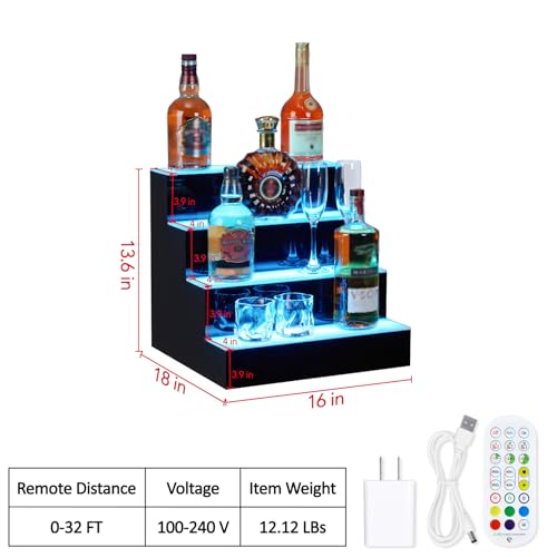 LED Liquor Bottle Display Shelf, 4 Tier 16 Inch Bar Display Shelf, Acrylic Wine Rack with Remote & App Control, 16 Static Colors ,1-4 H Timing, Bottle Stand Multi-Color Lighting Modes for Bars
