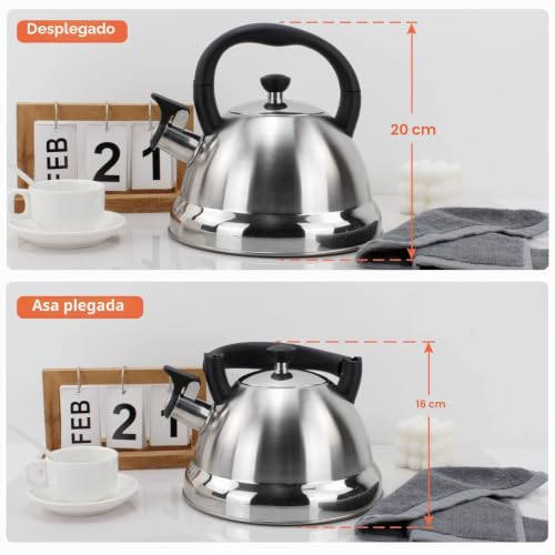 Miniatura 6 de Rossetto Hervidor Silbante De Camping De Acero Inoxidable De 3 L Con Mango Plegable Para Estufas De Gas O Inducción, Tetera Y Cafetera Para Interiores Y Exteriores, Plateado