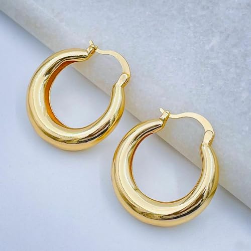 Image of Shining Diva Fashion Anti Tarnish Jewellery Celebrity Inspired 14k Real Gold Plated Simple Plain Link Chain Chunky Huggie Hoop Trendy Stylish Copper Earrings for Women Girls