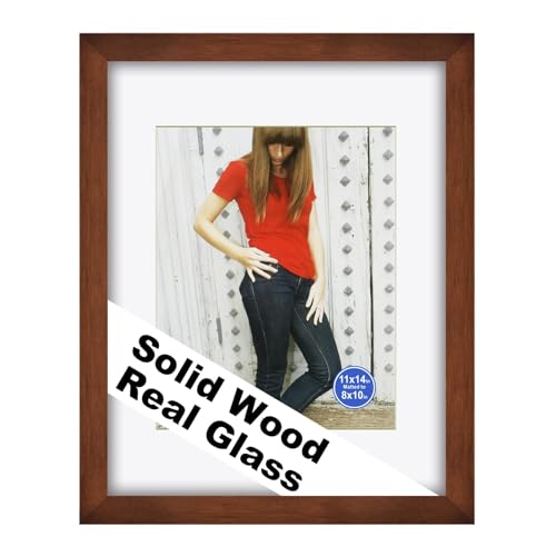 RPJC 11x14 Picture Frame Solid Wood, Fits 8x10 with Mat or 11x14 Without Mat, Real Glass Photo Frame for Wall Mounting, Black Gift-Ready in White Box, 2026 Brown