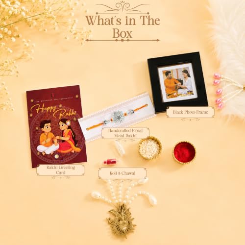 Image of Art Street Rakhi Gift Combo with Magnetic Photo Frame, Designer Rakhi, Roli Chawal, Greeting Card & Diya | Raksha Bandhan Gift Hamper for Brother | Photo Frame Rakhi Combo