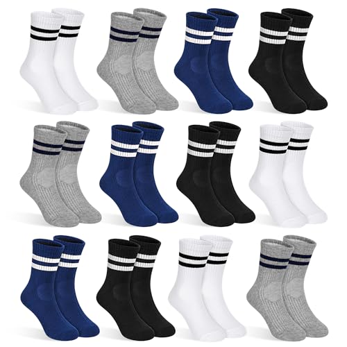 GENTABY 12 Pairs Boys Toddler Socks, Crew Kids Socks Breathable Athletic Sock with Retro Stripes (4 Colors, 6-8 Years)