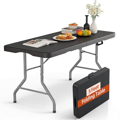 LUCKPRO 5ft Folding Table Heavy Duty 350 LBS Capacity Foldable Table with 18% Thicker HDPE Waterproof Top & Reinforced Steel Frame, Portable Fold-in-Half Table for Outdoor Indoor Party Wedding Camping