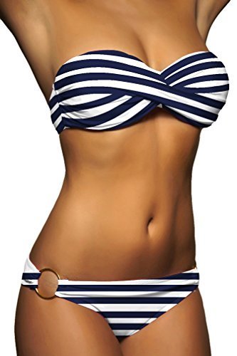 Imilan Twist Bandeau Bikini Set Swimwear Swimsuit for Women(S,Royal Stripe)