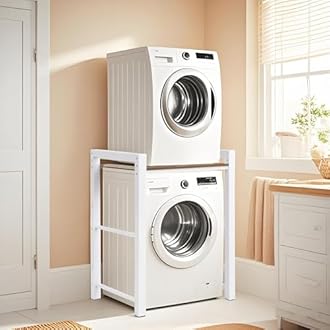 Washer Dryer Stacking Rack Stand, Heavy Duty Steel Standing Storage Shelf Washing Machine Shelf, Over The Washer and Dryer Shelves Space Saving, Load Capacity 300kg, for Bathroom Laundry Room (white)