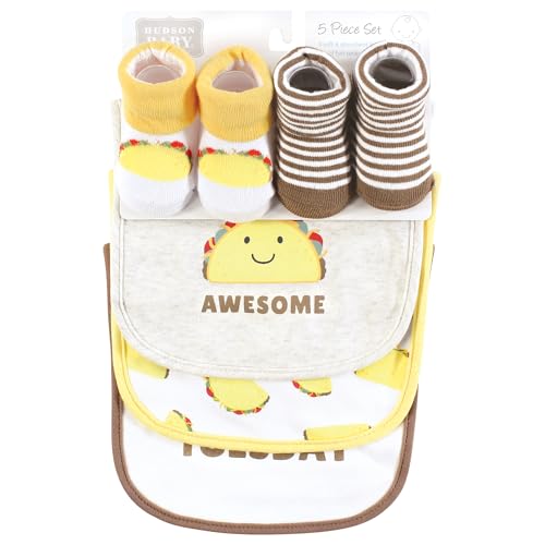Image of Hudson Baby Unisex Baby Cotton Bib and Sock Set, Taco Tuesday, One Size