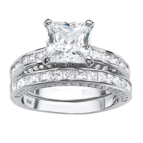 PalmBeach Yellow Gold-Plated or Platinum-Plated Sterling Silver Princess Cut Cubic Zirconia Bridal Ring Set Size 7