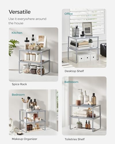 SONGMICS Spice Racks, Set of 2 Metal Cabinet Shelf Organizers, Countertop Organizers, Shelf Risers, Stackable, Expandable, Silver UKCS01SV - Thumbnail 6