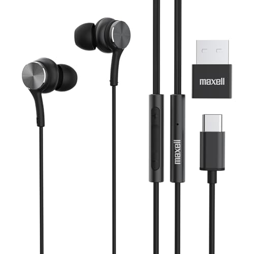 Maxell USB-C Wired Earbuds with USB-A Adapter, Built-in Microphone with Volume and Track Control, Compatible with All Devices with a USB-C and/or USB-A Port, Immersive Digital Chipset, Black, 197299 by Maxell - Used condition - US$12.39