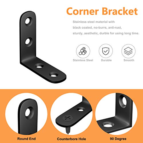 Blingstar L Bracket Stainless Steel Corner Brace 16 Pcs 1.57X1.57 Inch Joint Right Angle Bracket 90 Degree Corner Fastener For Wood Furniture Bedframe Cabinet Drawer Chair, With 64 Pcs Screws, Black #TOP2
