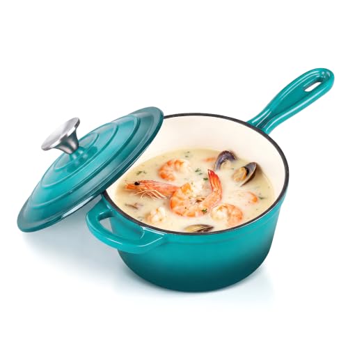 E-far Enameled Cast Iron Sauce Pan with Lid, 2 Quart Dutch Oven Pot
