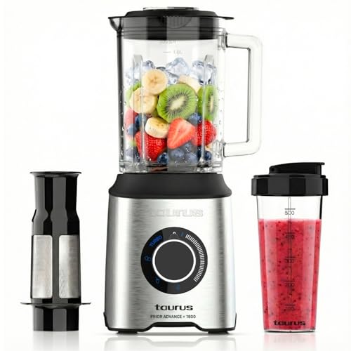 Taurus   Batidora de Vaso Prior 1800W, 20 Velocidades, Turbo + 4 Funciones, Pica Hielo, Smoothie, 6 Cuchillas, Filtro Antipulpa, Vaso Portátil, Apta Lavavajillas, Libre de BPA, Negro/Metálico