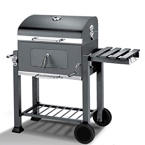 BillyOh Texas Smoker BBQ, Charcoal Barbeque with Side Shelf and Extra Steel Grate | Portable Barbecue with Wheels | Grey Finish Steel BBQ Grill | Small Picnic BBQ with Side Table
