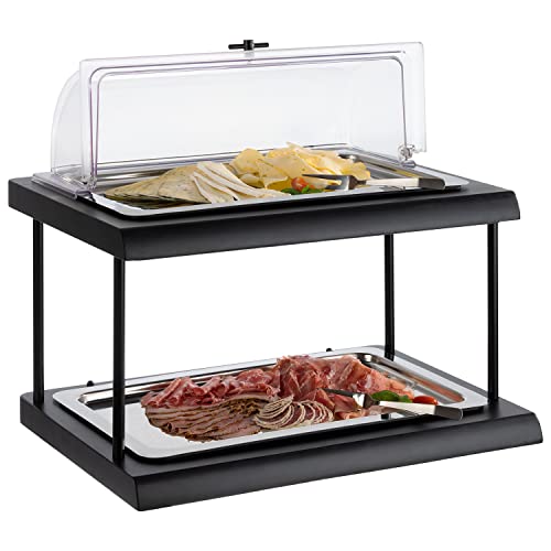 APS 11547 Buffet Vitrine Doppeldecker aus Buchenholz in schwarz mit Kunststoffwanne, 60 x 41 cm, H: 5 cm, inkl. GN 1/1 Tablett aus 18/10 Edelstahl und 2 Kühlakkus