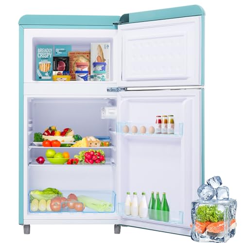 Frigorífico Retro De Dos Puertas De 72 L Con Congelador De 21 L, 120 Kwh/Año, Iluminación LED, 3 Estantes Ajustables, Compartimento Para Verduras,Cyan