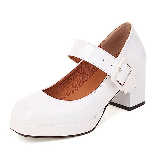 SHEMEE Women's Square Toe Mary Janes Chunky Heels Platform Shoes Ankle Strap Buckle Block High Heel Dress Pumps