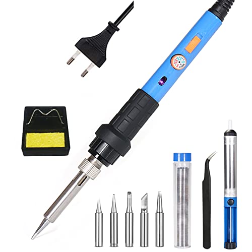 Fer à Souder Set, 60W Kit de Soudage Electrique Température Réglable 220~480℃ avec Interrupteur ON/OFF, 5 Pointe Soudage Pompe à Dessouder support Fil de Soudure Pincettes