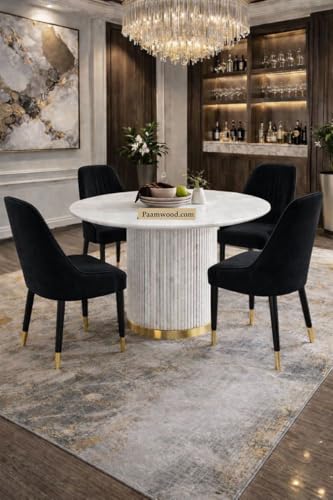 Image of 4 Seater Dining Table Set with 4 Chairs,2yr Warranty - Round Marble Dining Table (91x91x76 cm) - White Marble Top, Solid Wooden Base, Upholstered Chairs with Sheesham Wood Legs - Black