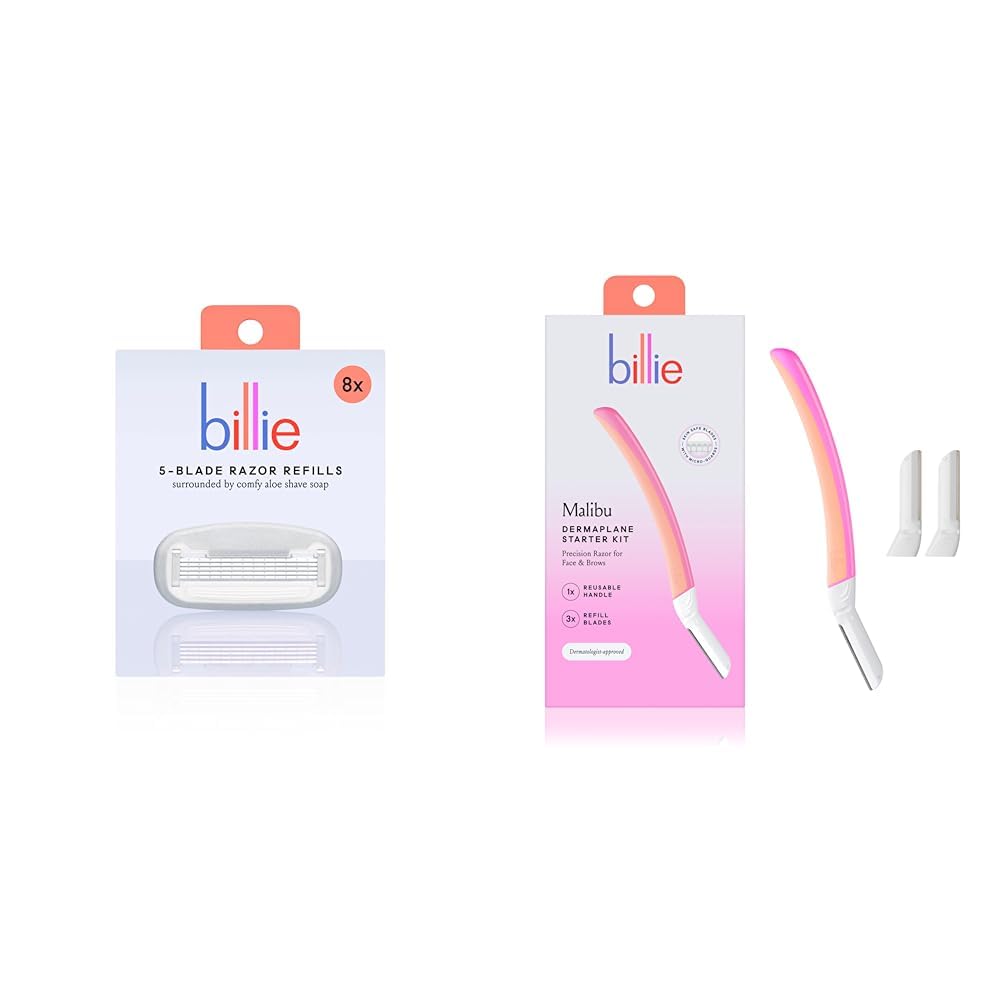 Billie Women's Razor Refill Blades 5-Blade Cartridges 8 count + Dermaplane Starter Kit Reusable Handle 3 Refill Blades Remove Facial Hair Shape Brows