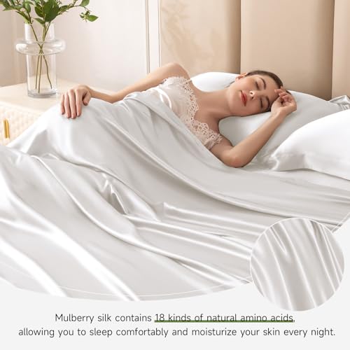 THXSILK Silk Sheet Set 4 Pcs, 22 Momme 100% Top Grade Natural Mulberry Silk Bed Sheets, Luxury Bedding Sets -Ultra Soft Durable, 1 Fitted Sheet, 1 Flat Sheet and 2 Pillow Shams (Queen, Cream White) - Image 7