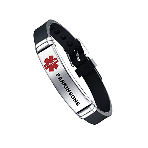 TAGOMEI Medical Alert ID Silicone Bracelet Laser Engraved Parkinsons Adjustable Wristband for Men Women Emergency First Aid