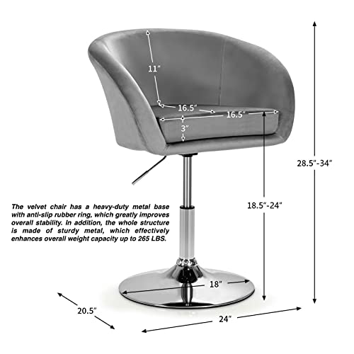 Grey Modern Velvet Chair Bar Stools Vanity Chair Office Chair Accent Chair Makeup Seat Ergonomic Design Height Adjustable Solid Premium Gas Lift 360 Degree Swivel Design Heavy Duty Metal Base