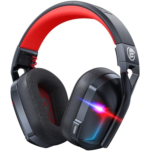 Fachixy「2024 New」FC300 Wireless PS5 Gaming Headphones - 2.4 GHz & Bluetooth Headset with Mic- 50Hr Battery, 50mm Drivers, Cool RGB, Spatial Audio - For PC, PS4, Mac, Switch, Mobile, Black-Red