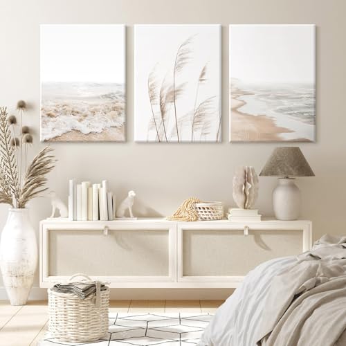 Joocrise Beach Wall Art Boho Prints Coastal Canvas Wall Art Beach Pictures Pampas Grass Ocean Poster Plant Landscape Scene Artwork for Living Room Bedroom Decor 24x36x3 Inch Wrapped Canvas - Image 3