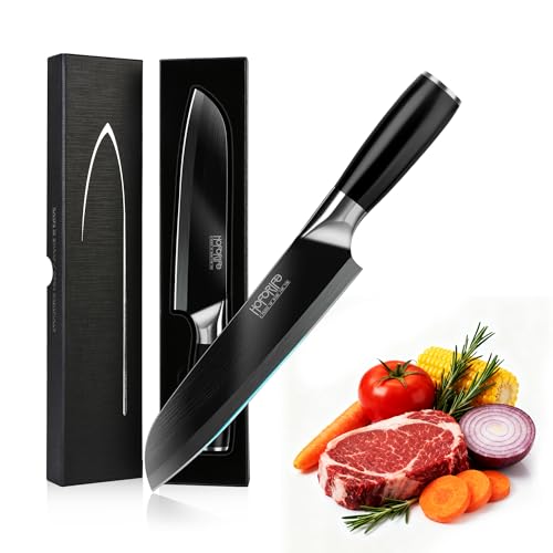 hoforife 8 Santoku Knife, Japanese Hand Forged Chefs Knife High Carbon Steel Core with Black Wood Ergonomic Handle, Gift Box