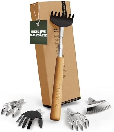 BAMBUA Rückenkratzer Ausziehbar - [Inklusive 5 Aufsätze] - Geschenke für Männer - Für Wohltuende Kratzgefühle - Mühelos jede Stelle erreichen - Premium Rückenkratzer Set - Ideal al