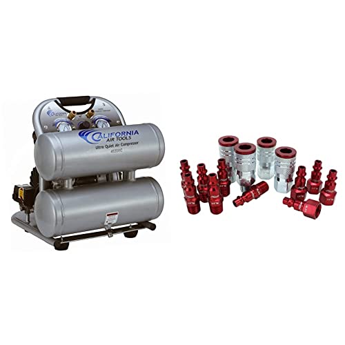 CALIFORNIA AIR TOOLS CAT-4620AC 4GAL 2HP Twn Compressor & ColorFit by Milton Coupler & Plug Kit - (M-Style, Red) - 1/4" NPT, (14-Piece) - S-314MKIT