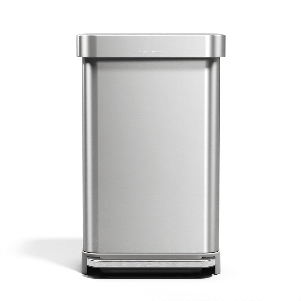 simplehuman poubelle rectangulaire à pédale, avec réserve à sacs, acier inoxydable brossé avec couvercle en plastique gris, 45 litres
