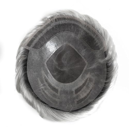 AIRAO Tupé de cabello humano para hombres con Base superior de monofilamento con encaje frontal estilo GEO Color enraizado ombré negro natural gris Sistema de extensiones capilares 20 cm × 25 cm