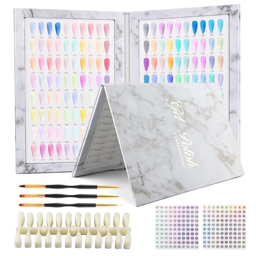 160 Nail Color Book, Professional Nail Color Display Book with 240 N-ail Tips & 1-200 Number Stickers Labels 3 Dual-Ended Nai-l Art Pen, Nai-l Salon Display Booklet(COLOR:White)