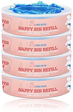 Nappy Bin Refill Cassettes, Compatible with Angelcare Nappy Disposal System - Pack of 4 Cartridges - Advanced Lock smell Tec Liner Bags - OMO BEAR