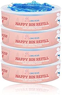 Nappy Bin Refill Cassettes, Compatible with Angelcare Nappy Disposal System - Pack of 4 Cartridges - Advanced Lock smell Tec Liner Bags - OMO BEAR