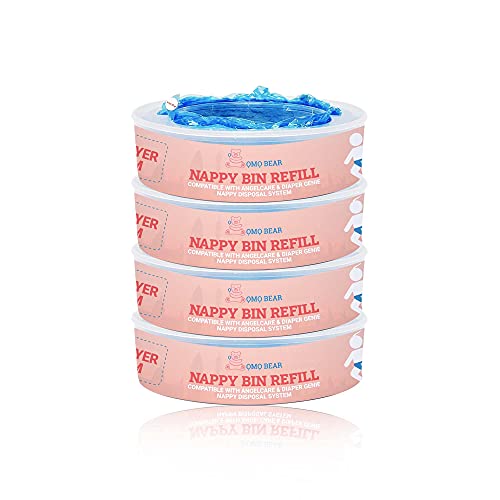 Nappy Bin Refill Cassettes, Compatible with Angelcare Nappy Disposal System - Pack of 4 Cartridges - Advanced Lock smell Tec Liner Bags - OMO BEAR