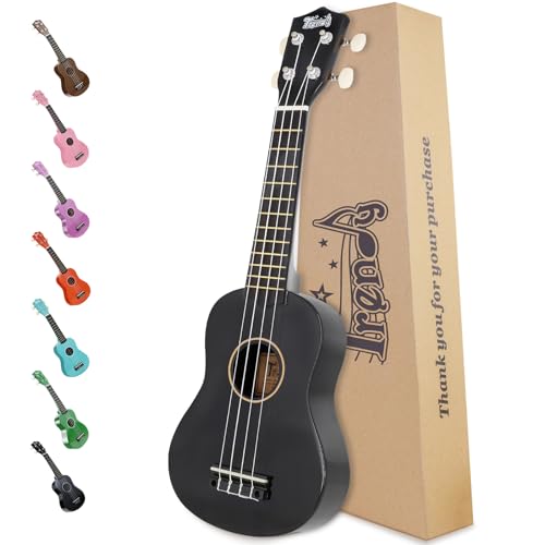 Image of Trendy Soprano Ukulele for Beginners 21 Inch Hawaiian Wood Ukuleles for Adult Student Starter Four Strings Guitar (Black)