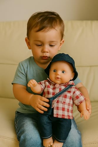 Image of Cute Little Boy in Teddy Printed Dress Doll for Kids (Rotatable Legs Arms Interactive Baby Doll with Removable Clothes, 31 cm, Red Checkered Shirt and Blue Overalls, Educational Toy